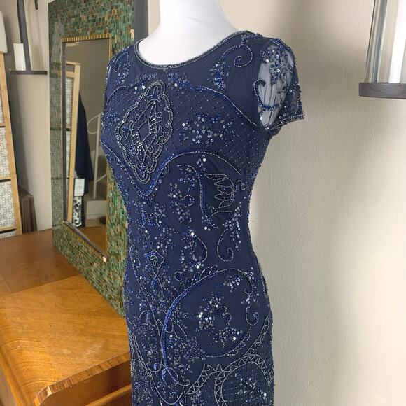 Vintage Pisarro Sz 2 Beaded Mesh Column Gown Navy Blue Cocktail Wedding Holiday - Picture 3 of 11